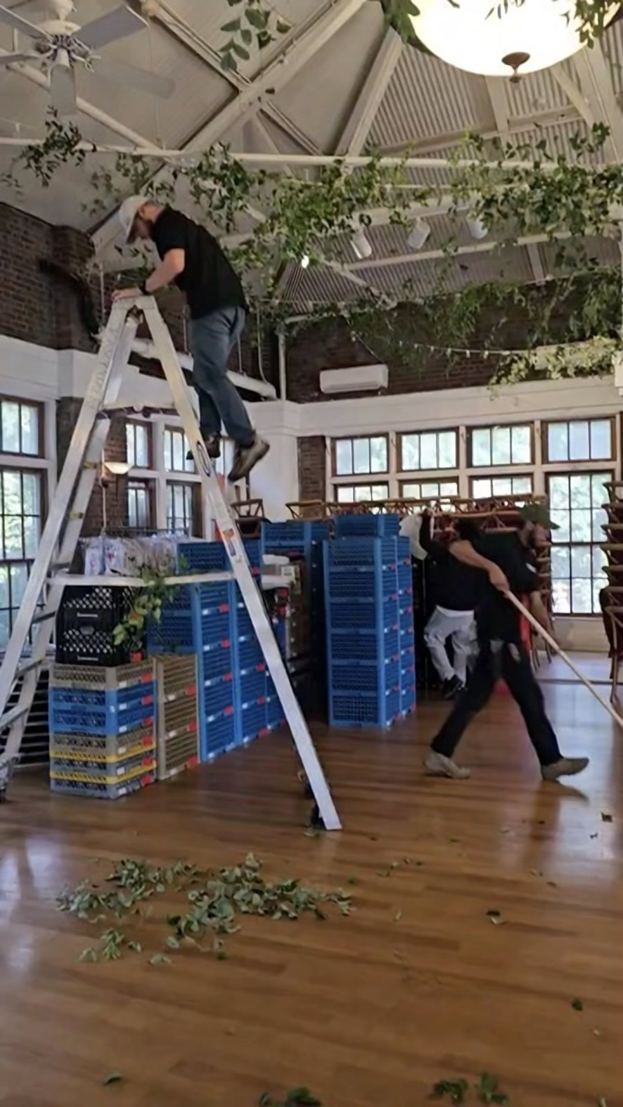 Jersey Strike crew member on a ladder installing hanging greenery