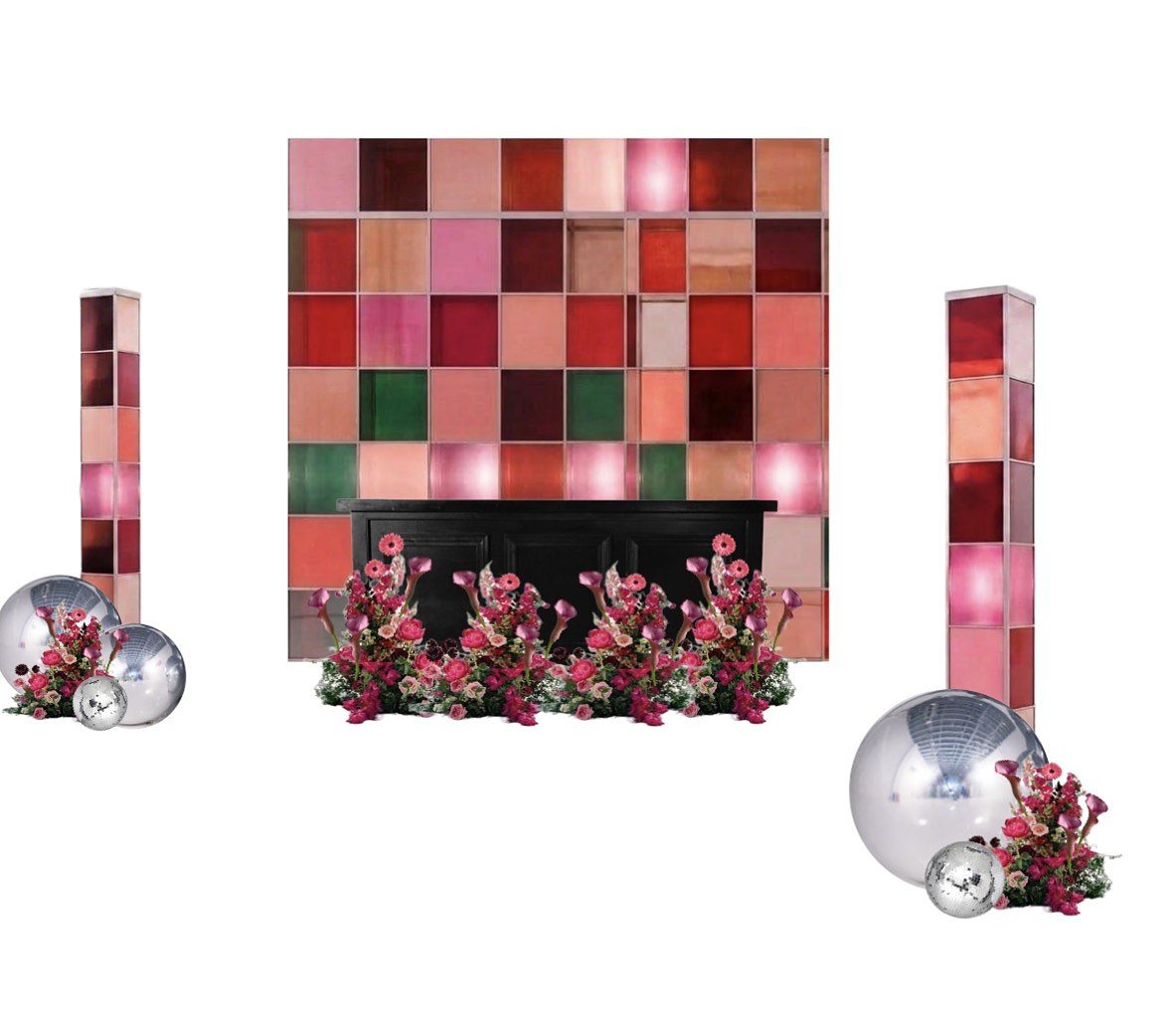 AI rendering of the afterparty concept: a stained-glass bar wall with floral and mirror-ball accents
